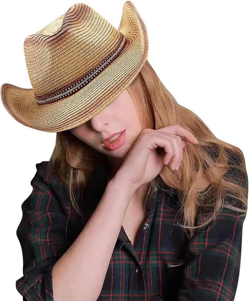 Holiberty Mens Straw Cowgirl Cowboy Hat Women Floppy Packable Wide Brim Sun Hat UPF50 Western Panama Travel Beach Cap Fedora Bucket Hat - Image 5